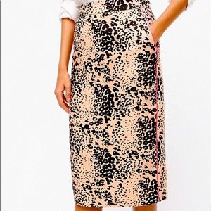 NWOT J. Crew Linen Leopard Print Midi Length Pencil Skirt with pink piping